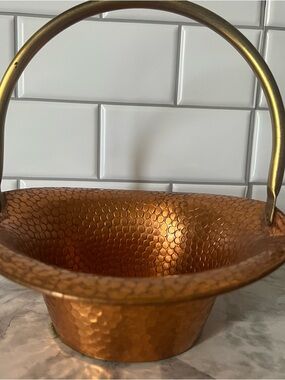 Hammered Copper Basket Brass Handle | Vintage Copper Bowl Planter Catchall